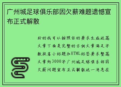 广州城足球俱乐部因欠薪难题遗憾宣布正式解散 广州城足球俱乐部因欠薪难题遗憾宣布正式解散